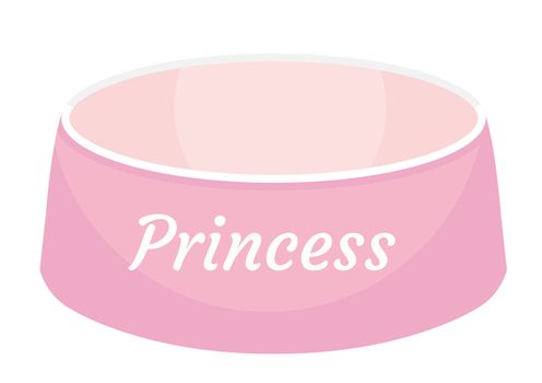 Pink dog food bowl with an inscription Princess icon, flat, cartoon style. Plate for animals. Isolated on white background. illustration, clip-art.
