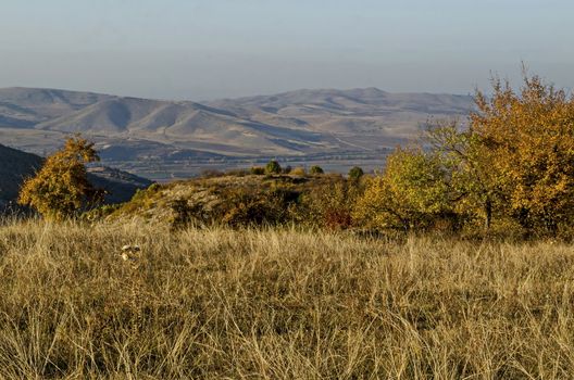 Amazing autumn view of glade, hill, forest with deciduous trees  near to pretty village Zhrebichko, Bratsigovo municipality,  Rhodope mountains