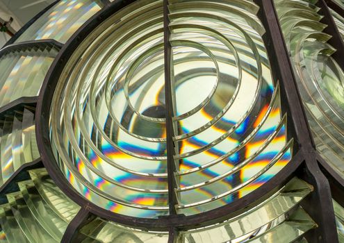 Close up of the fresnel glass lense in a lighthouse to concentrate the beam