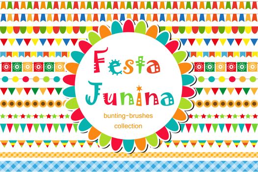 Festa Junina patterned set of brushes, bunting, flags. Festive decorations, border isolated on white background. illustration.