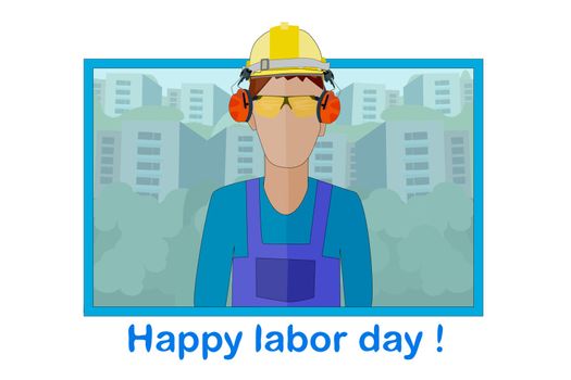Labour day. Happy labour day frame with worker silhouette and city houses isolated on white background.
