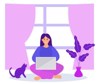 Work at home, freelance. Girl works on a laptop quarantined coronavirus. Young woman in telework self isolation. illustration