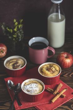 Romantic breakfast or supper with coffee. Apple pie in ceramic b