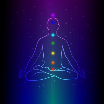 Meditating human silhouette with chakra signs. Practicing meditation. Yoga lotus pose, asana padmasana. Vector illustration.