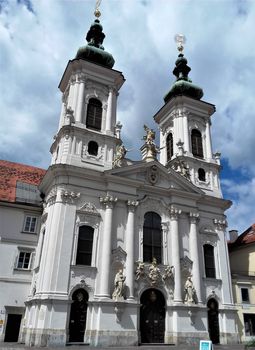Beautiful church Mariahilf and square in center of Graz