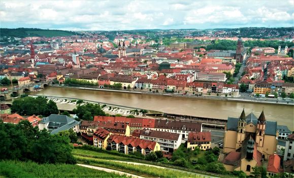 Panoramic view over old town of Wurzburg and Main river