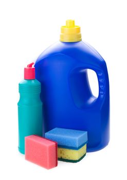 detergent bottles and sponges