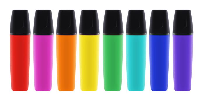 Eight colored highlighter pens with lids with clipping path