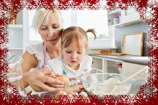 Composite image of focused woman baking cookies with her daughter
