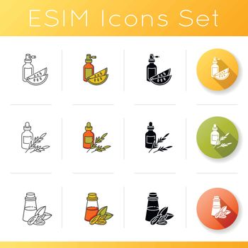 Hair oils icons set. Kalahari melon seed extract. Rosemary herbal essence in liquid form. Almond nourishment for haircare. Linear, black and RGB color styles. Isolated vector illustrations.