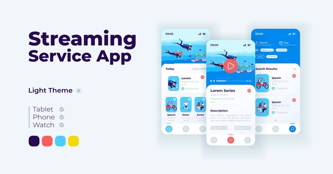Streaming service cartoon smartphone interface vector templates set. Mobile app screen page day mode design. Vlogging channel updates UI for application. Phone display with flat character.