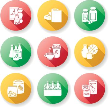 Groceries flat design long shadow glyph icons set