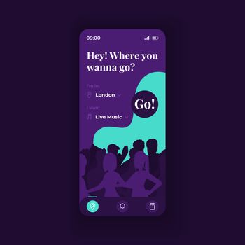 Music events application smartphone interface vector template. Mobile app page dark design layout. Popular concerts, pastime planner screen. Flat UI for application. Selection menu on phone display.