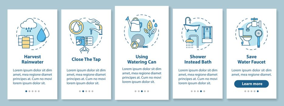 Water saving tips onboarding mobile app page screen with concepts