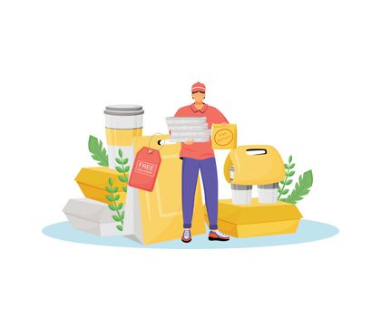 Free delivery flat concept vector illustration. Pizza deliveryman with paper packages, fast food courier 2D cartoon character for web design. Takeaway, restaurant service creative idea
