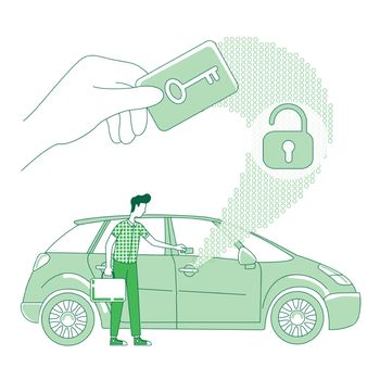 Keycard scan thin line concept vector illustration. Man opening car with electronic key 2D cartoon character for web design. Vehicle keyless lock authentication system creative idea