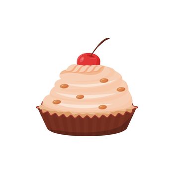Delicious cupcake cartoon vector illustration. Sweet food, pastry with cherry decoration, creamy bakery flat color object. Confection, baked sugary dessert, tasty eating isolated on white background