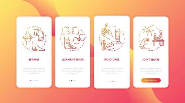 Limb traumatism onboarding mobile app page screen with concepts. Bone and cartilage fractures walkthrough 4 steps graphic instructions. UI vector template with RGB color illustrations.