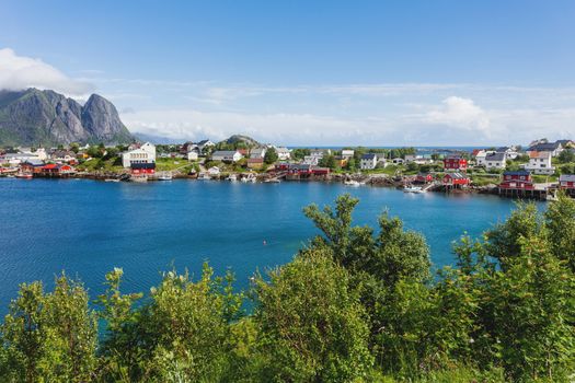 Beautiful scandinavian landscape with mountains and fjords. Pano