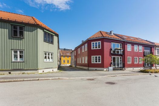 Colorful buildings on streets of Trondheim, Norway. Scandinavian style of architecture.