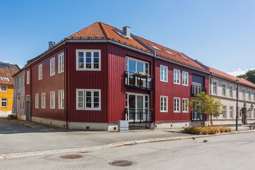 Colorful buildings on streets of Trondheim, Norway. Scandinavian style of architecture.