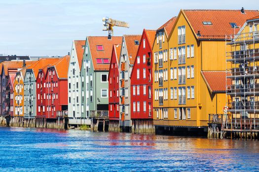 Famous wooden colored houses in Trondheim city, Norway. Colorful