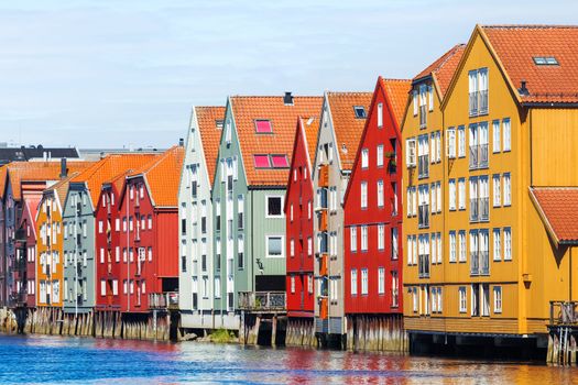Famous wooden colored houses in Trondheim city, Norway. Colorful