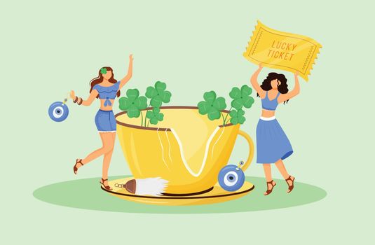 Luck charms and good omens flat concept vector illustration. Young superstitious women with talismans 2D cartoon characters for web design. Fortune symbols, common beliefs creative idea