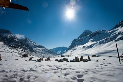 Alpine pass in switzerland, Julierpass in swiss alp with snow