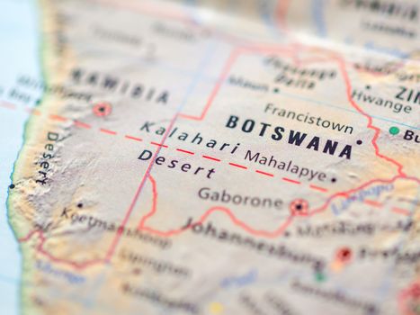 World map with focus on Republic of Botswana with capital city G