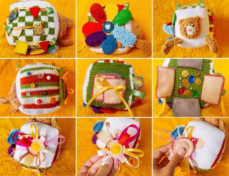 Colorful hand made toy for toddlers and babies. Busy cube. Soft  baby block made of fabric to develop skills and fine motor skills. Taggie Cube. Montessori busy toy. Collage.