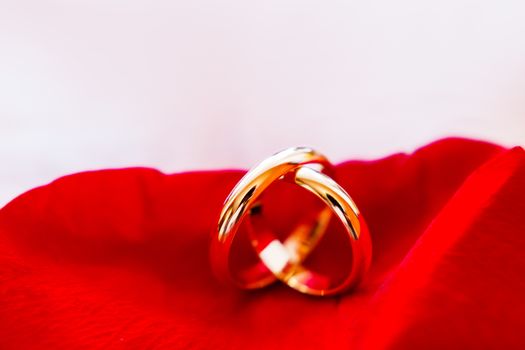 Golden wedding rings on red rose petal. Wedding jewelry details. Symbol of love and marriage.