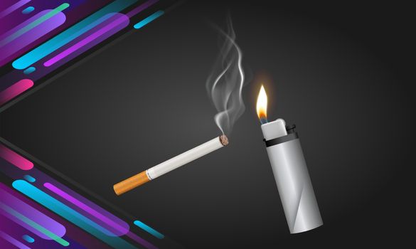mock up illustration of burning cigarette and lighter on abstract background