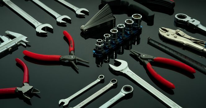 Set of mechanic tools. Chrome wrenches or spanners, hexagon sock