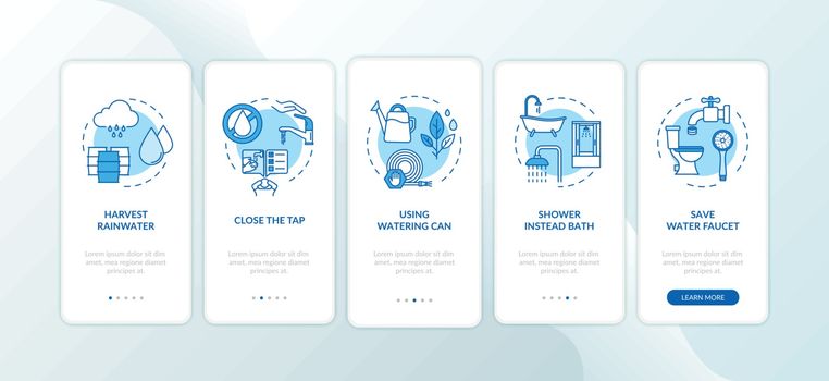 Water saving tips onboarding mobile app page screen with concepts