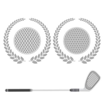Golf Ball and Stick with Grey Laurel Isolated on White Background.