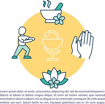 Alternative medicine concept icon with text. Complementary practices. Yoga, relaxation. PPT page vector template. Brochure, magazine, booklet design element with linear illustrations