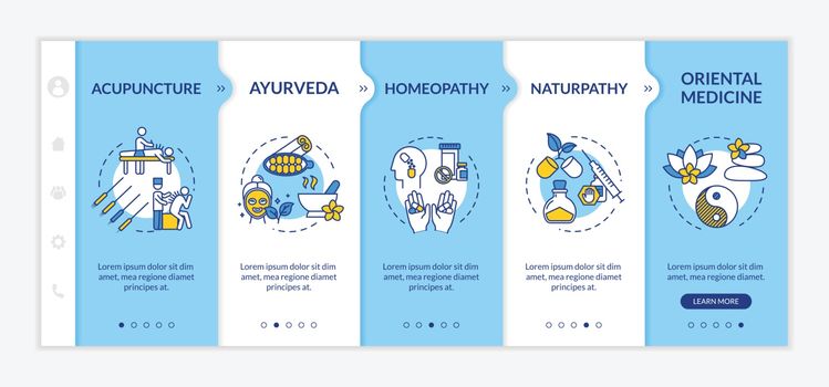 Alternative medicine onboarding vector template. Responsive mobile website with icons. Acupuncture, ayurveda, homeopathy and naturopathy webpage walkthrough step screens. RGB color concept