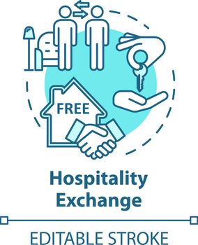 Hospitality exchange concept icon. Budget tourism, cheap accommodation idea thin line illustration. Free stay arrangement. Vector isolated outline RGB color drawing. Editable stroke