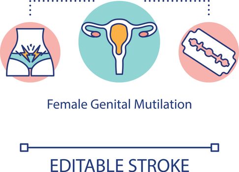 Female genital mutilation concept icon. Human rights violation, female circumcision, sexual harassment idea thin line illustration. Vector isolated outline RGB color drawing. Editable stroke