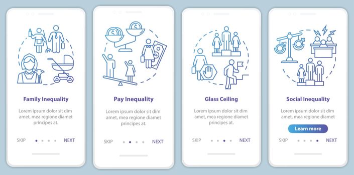 Gender discrimination onboarding mobile app page screen with concepts. Occupational segregation walkthrough 4 steps graphic instructions. UI vector template with RGB color illustrations