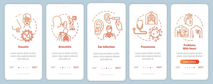 Influenza complication onboarding mobile app page screen with concepts. Stuffy nose. Flu infection walkthrough 5 steps graphic instructions. UI vector template with RGB color illustrations