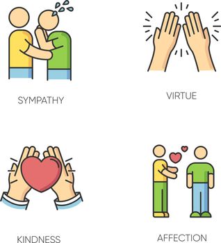Social connection RGB color icons set. Interpersonal relationship, strong emotional bond, friendship symbols. Sympathy, virtue, kindness and affection. Isolated vector illustrations