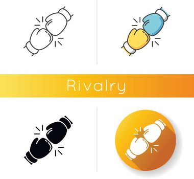 Rivalry icon. Linear black and RGB color styles. Friendly contest, competitive interpersonal relationship. Rivals confrontation, conflict, opponents clash. Boxing gloves isolated vector illustrations