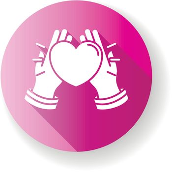 Kindness pink flat design long shadow glyph icon. Emotional affection, love and support, friendship. Voluntary help, charity, welface concern. Hands holding heart Silhouette RGB color illustration