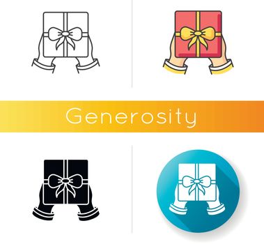 Generosity icon. Linear black and RGB color styles. Virtuous behavior, selfless giving. Birthday, holiday event, special occasion celebration. Festive present isolated vector illustrations