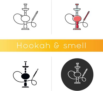 Hookah icon. Sheesha house. Nicotine and cannabis. Nargile lounge. Odor from pipe. Scent of vaporizing. Smoking area. Linear black and RGB color styles. Isolated vector illustrations