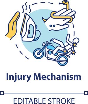 Injury mechanism, trauma factors concept icon. Traumatism, iron burn and traffic accident, snakebite thin line illustration. Vector isolated outline RGB color drawing. Editable stroke