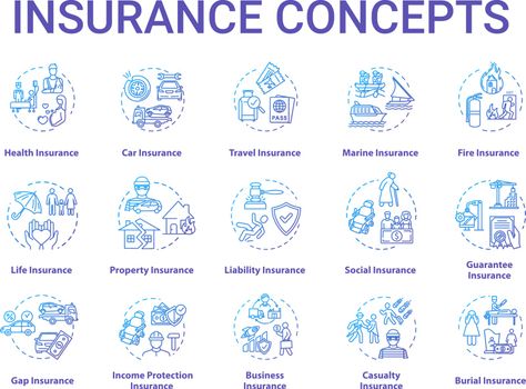 Insurance concept icons set. Protection from financial loss. Liability plan. Risk management idea thin line RGB color illustrations. Vector isolated outline drawings. Editable stroke