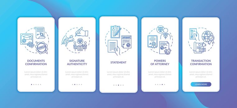 Papers authentication onboarding mobile app page screen with concepts. Powers of attorney. Walkthrough 5 steps graphic instructions. UI vector template with RGB color illustrations